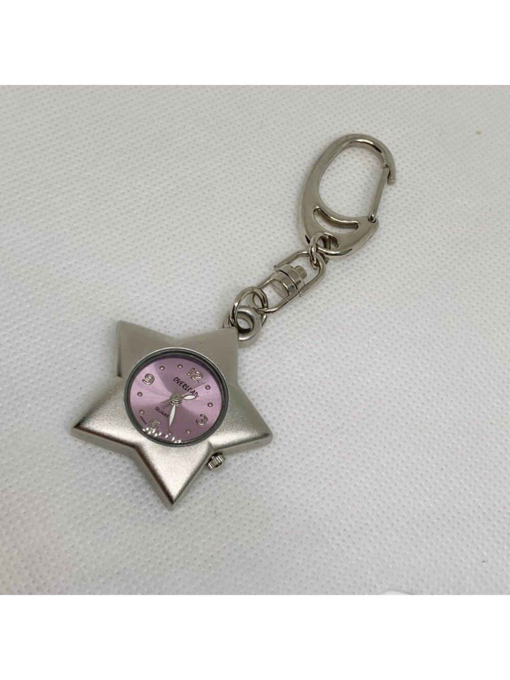 Overload silver tone Star clip watch keychain quartz analog purple dial running